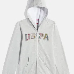 U.S. Polo Assn. Kids Girls Grey Melange Brand Logo Printed Hooded Sweatshirt-image-23
