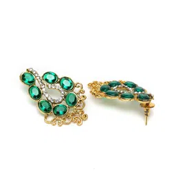 ANIKAS CREATION Green Gold-Plated Stone Studded Contemporary Drop Earrings image 3