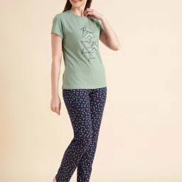 Sweet Dreams Green & Navy Cotton Printed T-Shirt Pyjama Set image 3