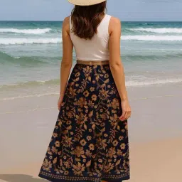 Moomaya Blue and Brown Regular Fit Floral Skirt image 2