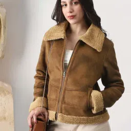 Globus Women Tan Faux Fur Spread Collar Front Zip 2 Pockets Suede Winterwear Jacket-picture-13