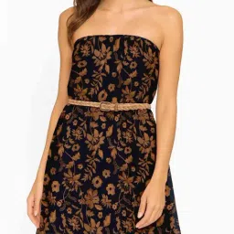 Moomaya Blue and Brown Regular Fit Floral Skirt image 3