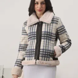 Globus Women Cream Spread Collar Long Sleeves Checked Faux Fur 2 Pockets Winter Wear Jacket-picture-14