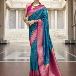 Satrani Peacock Blue & Magenta Silk Woven Saree With Unstitched Blouse image 1