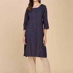 Fabindia Navy Cotton Striped Straight Kurta-image-52
