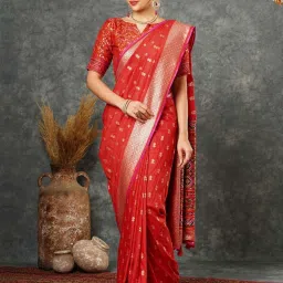 Satrani Red Woven Saree With Unstitched Blouse image 1