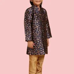AJ Dezines Kids Blue & Golden Floral Print Full Sleeves Sherwani Set image 3