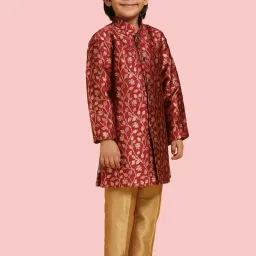 AJ Dezines Kids Red & Golden Floral Print Full Sleeves Sherwani Set image 3