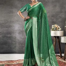 Satrani Green & Silver Woven Saree With Unstitched Blouse image 1