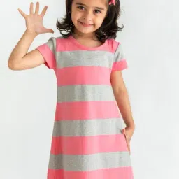 Campana Kids Rose Pink & Grey Cotton Striped Dress-image-57