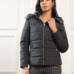 Globus Women Black Mock Neck Front Zip Winter Wear Insulator Puffer Jacket With Detachable Hood-image-27