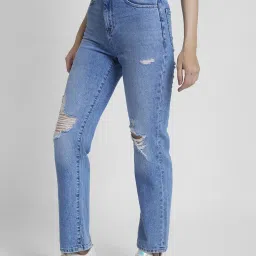 Spykar Light Blue Cotton Distressed High Rise Jeans image 3