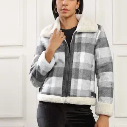 Globus Women Black Spread Collar Soft Functional Checked Self Design 2 Pockets Winter Wear Jacket-image-15