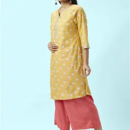 Rangmanch by Pantaloons Mustard Cotton Printed Straight Kurta image 3