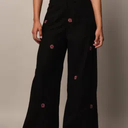 Only Black Cotton Embroidered High Rise Pants image 1