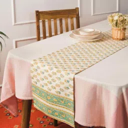 Fabindia Home Teal & Yellow Cotton 116 TC Hand Block Printed Table Runner image 1