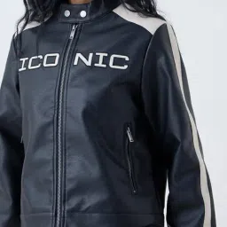 nuon women Nuon by Westside Black Text Design Faux Leather Jacket image 4