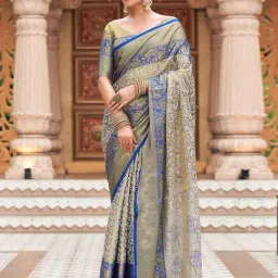 Satrani Blue & Golden Silk Woven Saree With Unstitched Blouse-picture-39