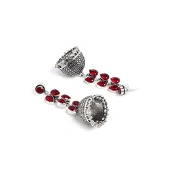 Bamboo Tree Jewels Red & Silver-Toned Handcrafted Dome Shaped Jhumkas image 2