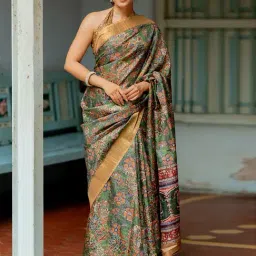 Mirchi Fashion Green Silk Blend Floral Printed Saree For Women-image-81