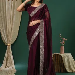Saree Mall Purple Embroidered Sarees With Unstitched Blouse image 1
