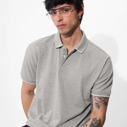 The Souled Store Grey Cotton Regular fit Polo T-Shirts image 1