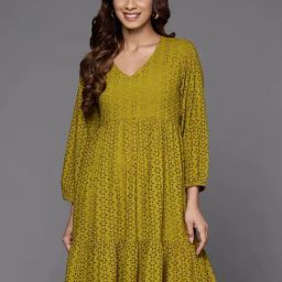 Varanga Green Cotton Self Pattern A-Line Dress-picture-20