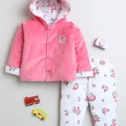 Bumzee Girls Pink & White Embroidered Full Sleeves Hooded Sweatshirt With Pants-picture-39