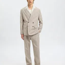 SELECTED HOMME Oatmeal Striped Relaxed Fit Double Breasted Blazer image 4