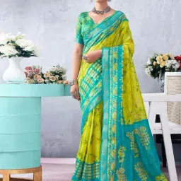 Satrani Lime Green & Teal Blue Printed Saree With Unstitched Blouse-image-57
