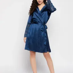 Clovia Blue Satin Comfort fit Solid Sleepwear Robes-image-48