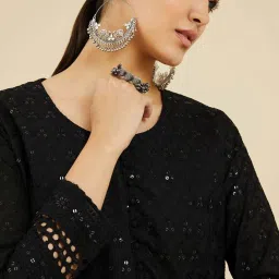 Soch Black Cotton Embroidered Straight Kurta image 5