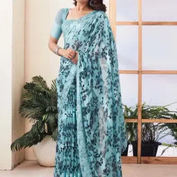 Satrani Sky Blue Floral Print Saree With Unstitched Blouse-image-86