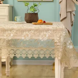TANLOOMS Beige & Cream Floral Embroidered 8-Seater Table Cover image 2