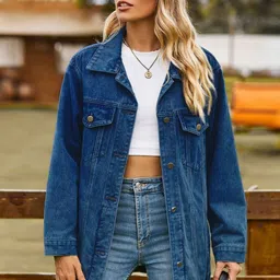 Oh Rare Spread Collar Drop-Shoulder Sleeves Pockets Denim Jackets image 2
