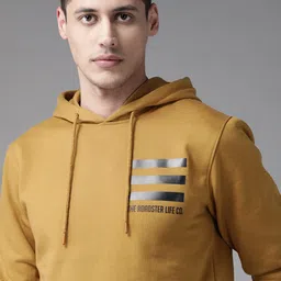 Roadster Men Mustard Yellow Printed Detail Hooded Sweatshirt-image-1