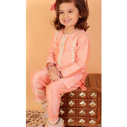 VASTRAMAY SHISHU Full Sleeves Mirror Work Embellished & Placement Embroidered Kurta With Salwar - Aqua Pink-picture-25