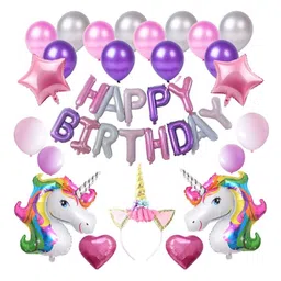 Surprise Decor Unicorn Theme Birthday Decorations Items Combo Set - 28Pcs Kit with Foil Balloon, Hear Band, Metallic Balloons - Happy Birthday Decoration Kit for Girls / Unicorn Birthday Decorations-image-19