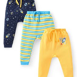 Babyhug Cotton Knit Full Length Striped Diaper Pants with Space Theme Print Pack of 3 - Multicolour-picture-38
