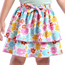 Babyhug Single Jersey Knit Knee Length Layered Floral Printed Skirt - Multicolor-picture-24