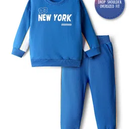 Bonfino 100% Cotton Knit Fleece Full Sleeves Sweatshirt & Jogger Set With Text Print - Blue-image-47