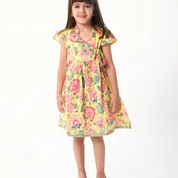 Babyhug Cotton Cambric Woven Half Sleeves Embroidered Dress with Floral Print - Yellow image 2