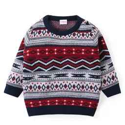 Babyhug Knitted Full Sleeves Sweater & Pant Set with Aztec Design - Navy Blue image 2