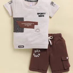 TOONYPORT Cotton Knit Half Sleeves Sporty Ways Text Puff Printed Tee & Shorts Set - Cream image 4