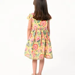 Babyhug Cotton Cambric Woven Half Sleeves Embroidered Dress with Floral Print - Yellow image 4