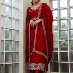 Libas Maroon Embroidered Kurta Pant Set With Dupatta-image-44