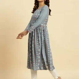 W Blue Printed Fit and Flare Kurta image 3