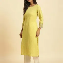 W Yellow Cotton Printed Straight Kurta image 3