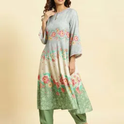W Blue Printed A Line Kurta image 3