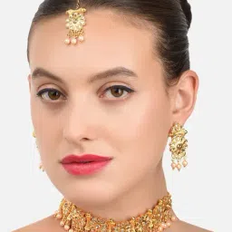 Zaveri Pearls Gold Tone Flowers & Pearls Choker Necklace, Earring & Maangtikka Set-ZPFK9845-image-72